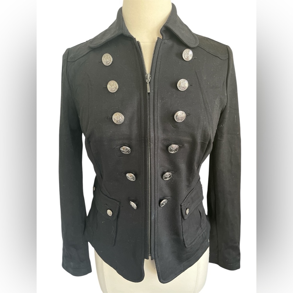 INC Black Military Style Jacket w/front Zip & sliver button details Size Small